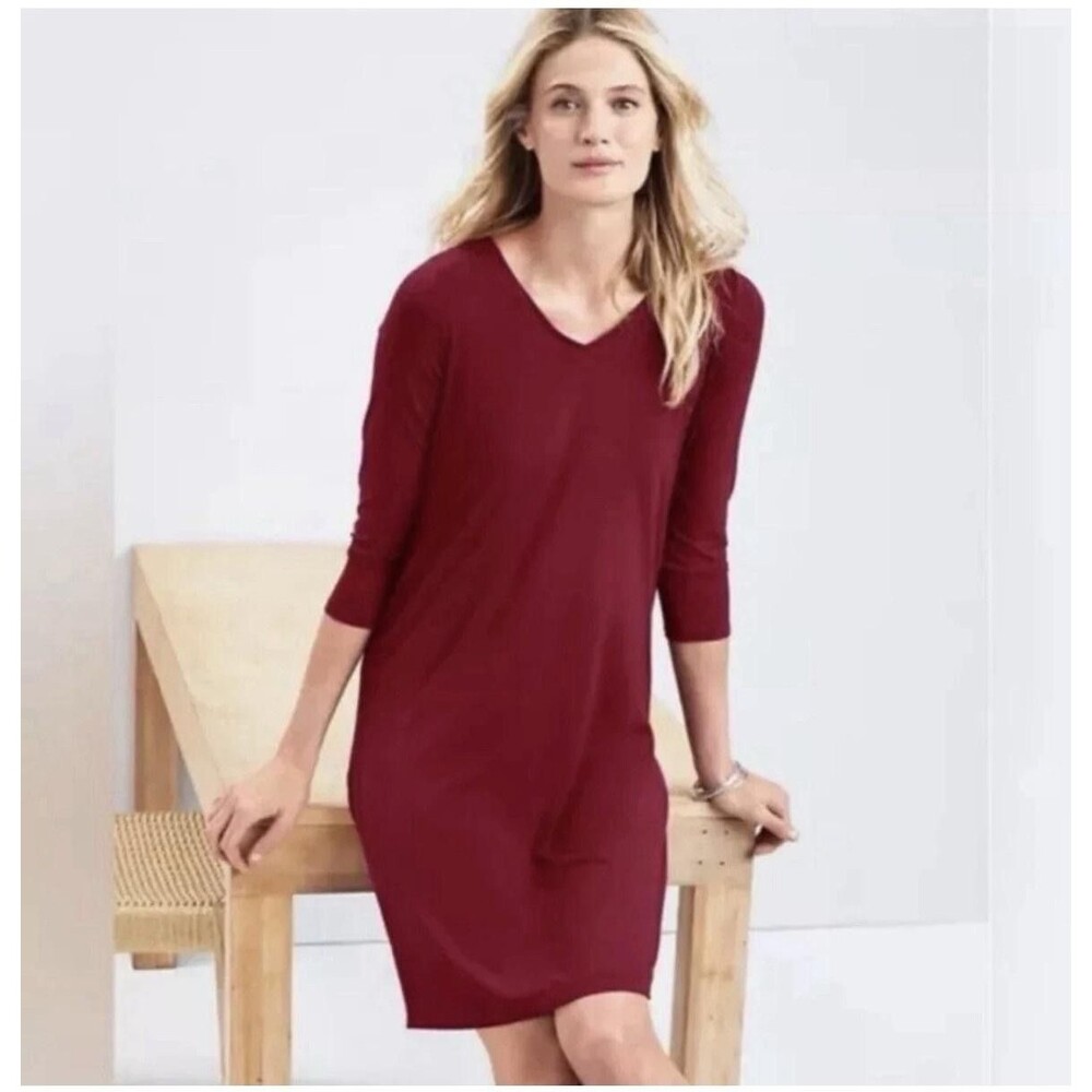 Eileen Fisher‎ Dress Womens S Red 3/4 Sleeve V Neck Stretch Jersey Shift Short